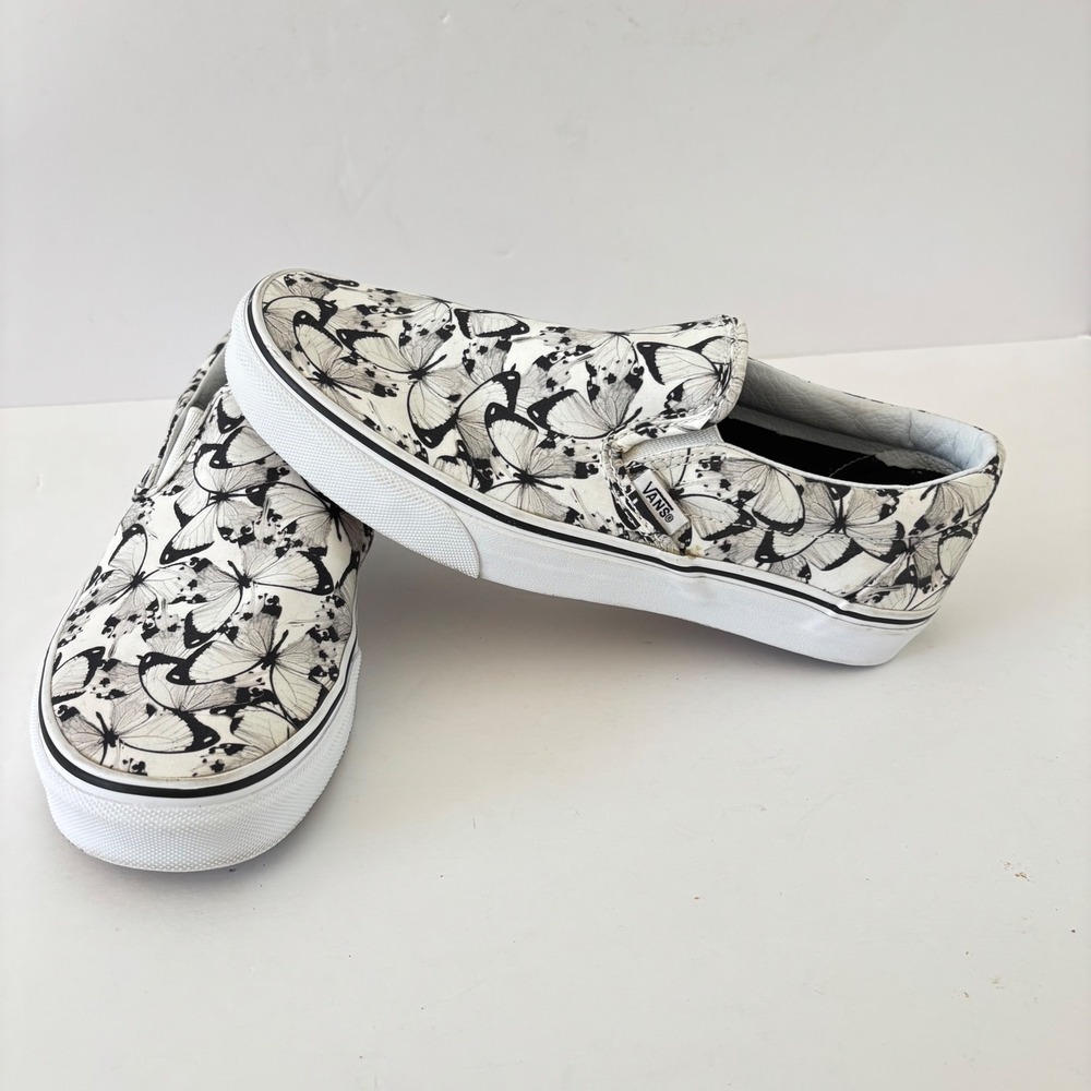 Vans Classic Slip On Canvas Sneakers Shoes Women 8.5 Butterfly Print Black White